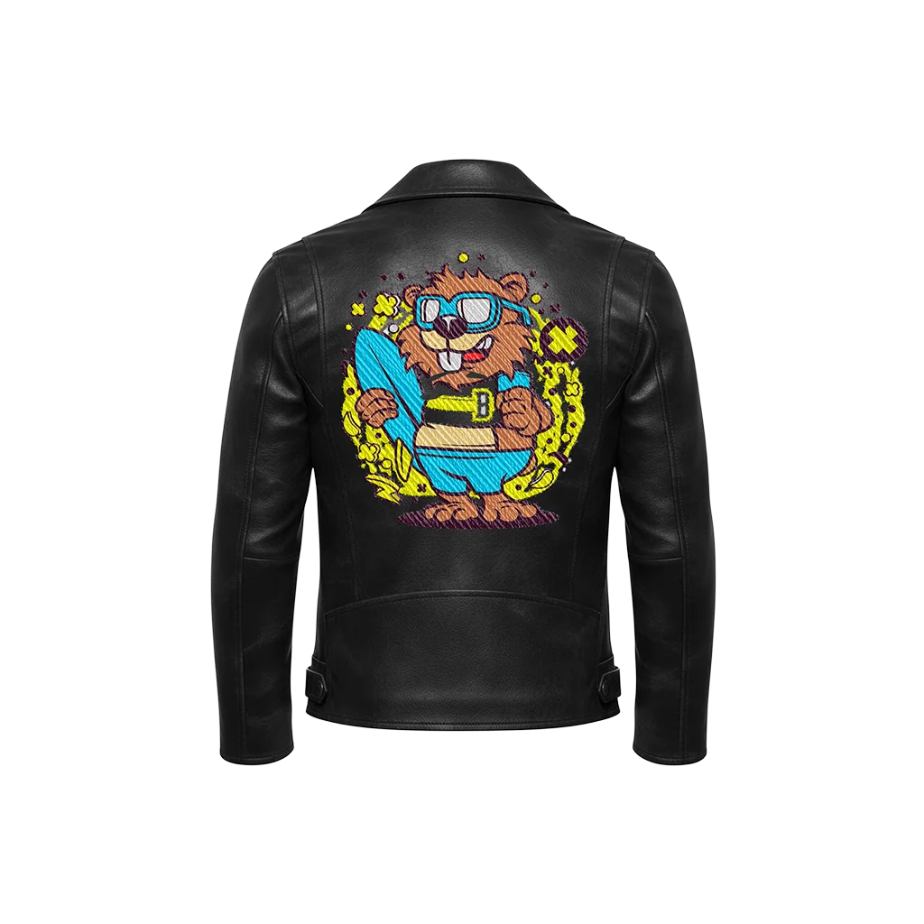 Surfer Beaver Cartoon Mascot Embroidered Leather Jacket