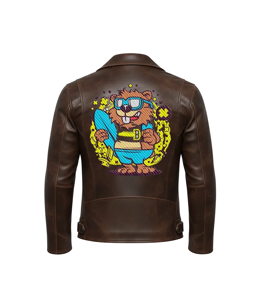 Surfer Beaver Cartoon Mascot Embroidered Leather Jacket