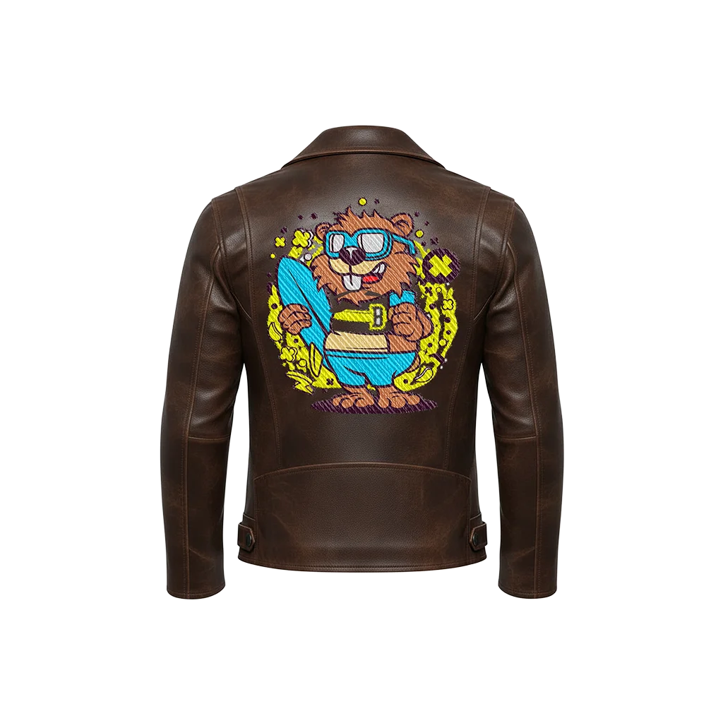 Surfer Beaver Cartoon Mascot Embroidered Leather Jacket