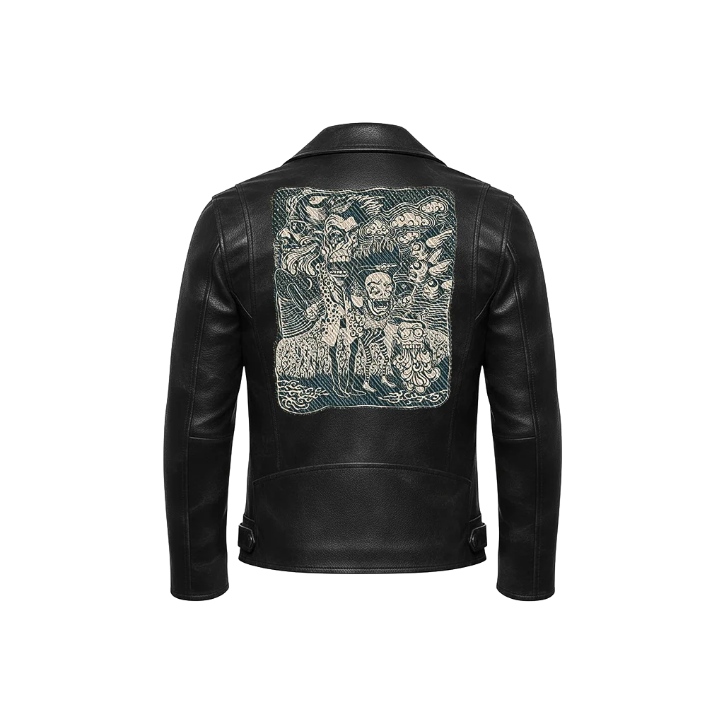 Surreal Skulls Intricate Tapestry Leather Jacket