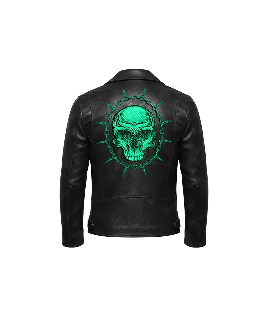Toxic Green Skull Spiked Chain Embroidered Leather Jacket