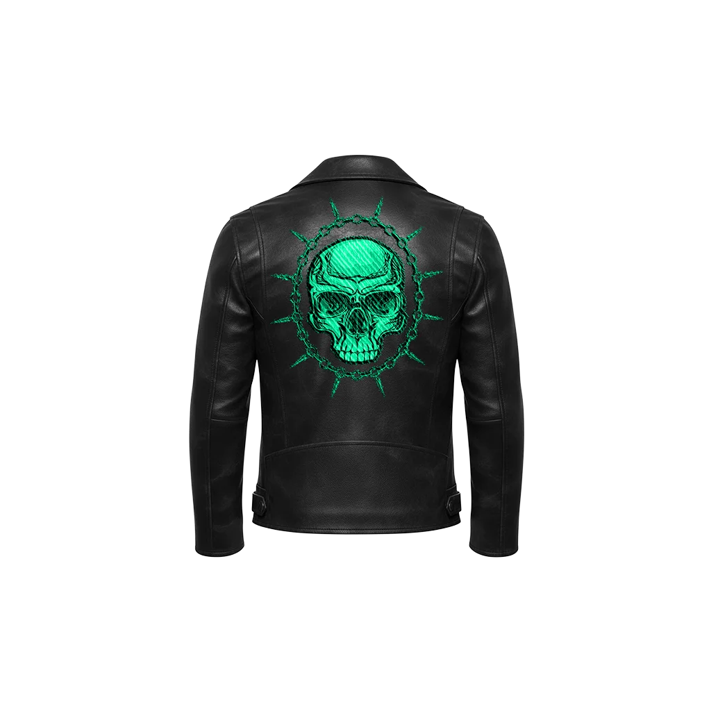 Toxic Green Skull Spiked Chain Embroidered Leather Jacket