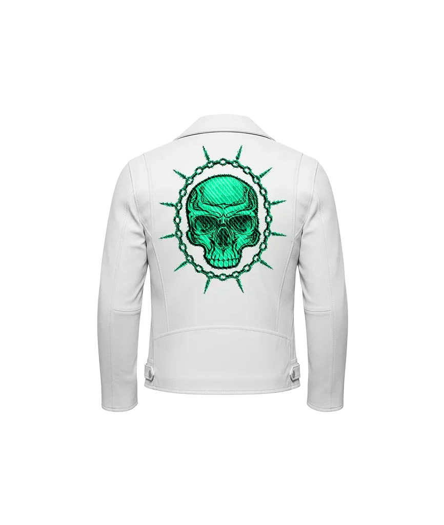 Toxic Green Skull Spiked Chain Embroidered Leather Jacket