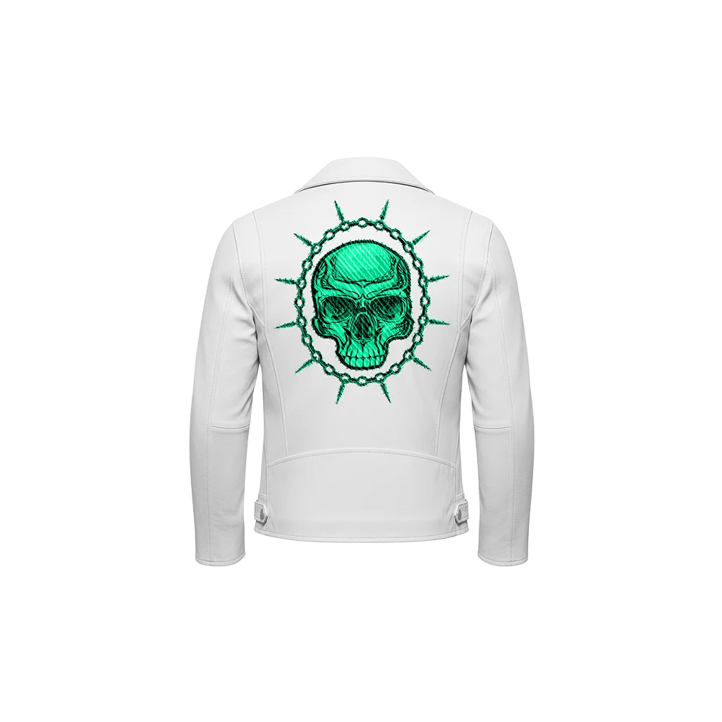 Toxic Green Skull Spiked Chain Embroidered Leather Jacket
