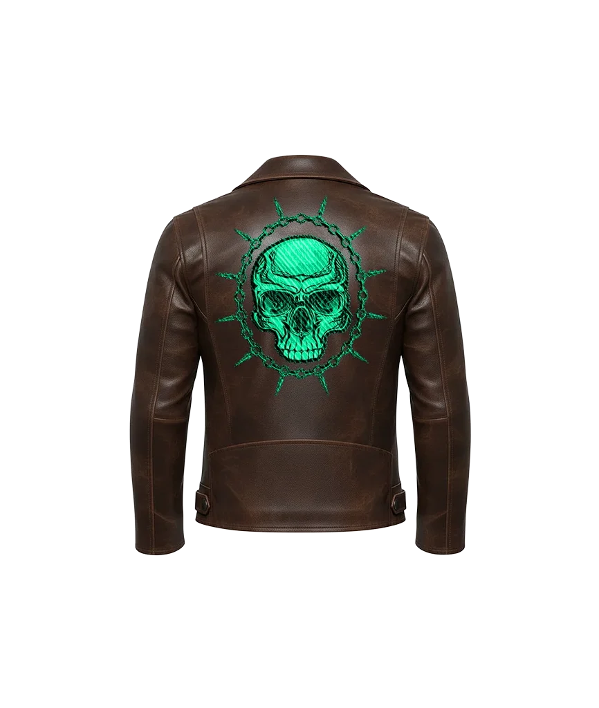 Toxic Green Skull Spiked Chain Embroidered Leather Jacket