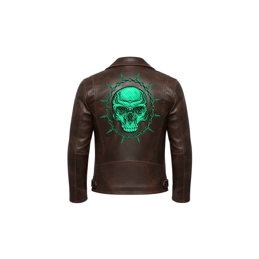 Toxic Green Skull Spiked Chain Embroidered Leather Jacket