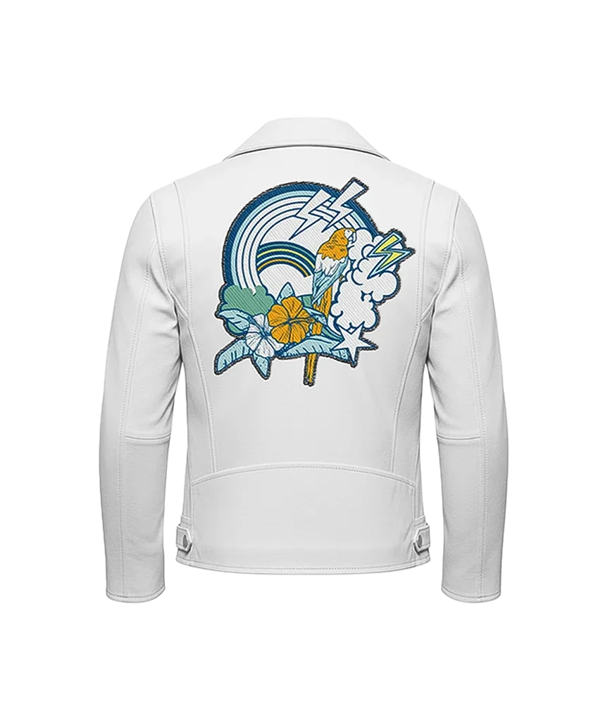 Tropical Parrot & Rainbow Leather Moto Jacket