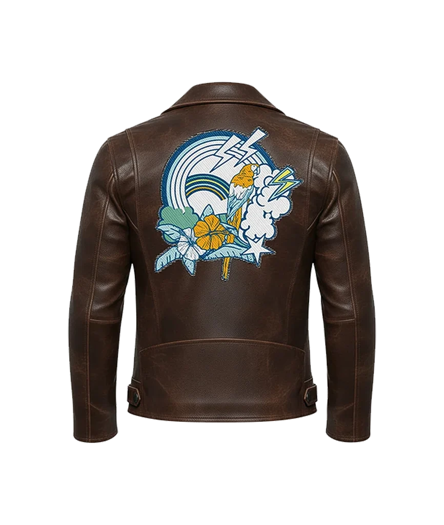 Tropical Parrot & Rainbow Leather Moto Jacket
