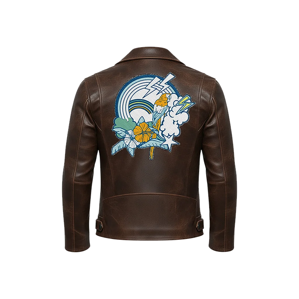 Tropical Parrot & Rainbow Leather Moto Jacket
