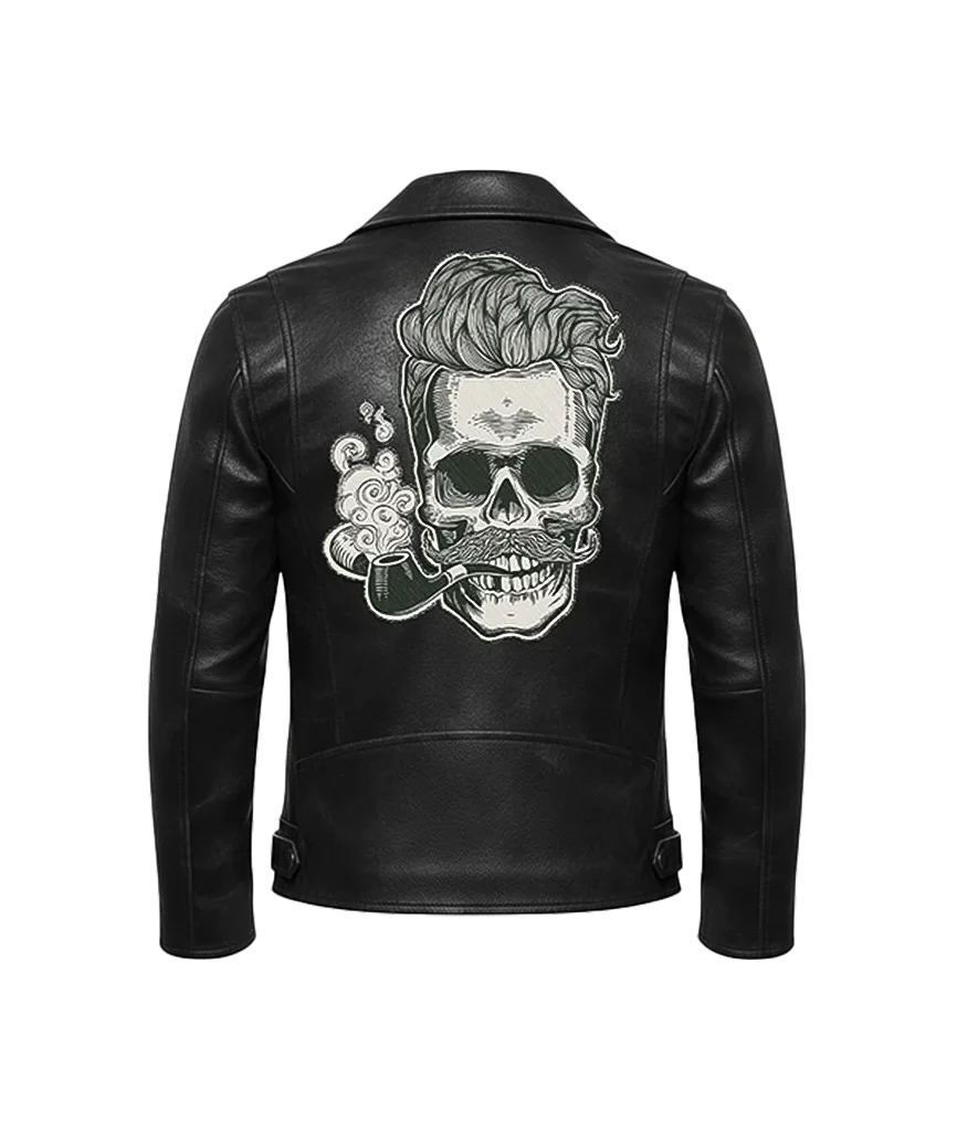 “Hipster Skull” Embroidered Leather Moto Jacket