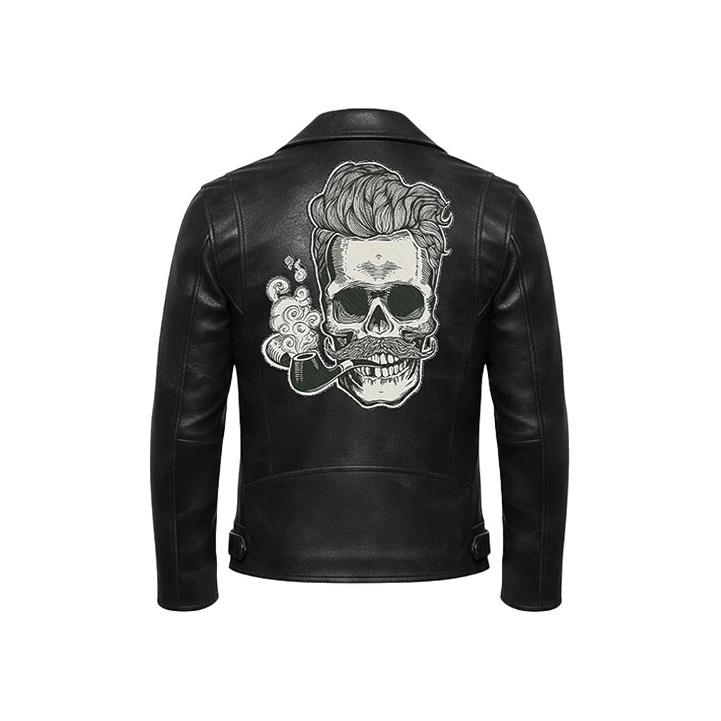 “Hipster Skull” Embroidered Leather Moto Jacket