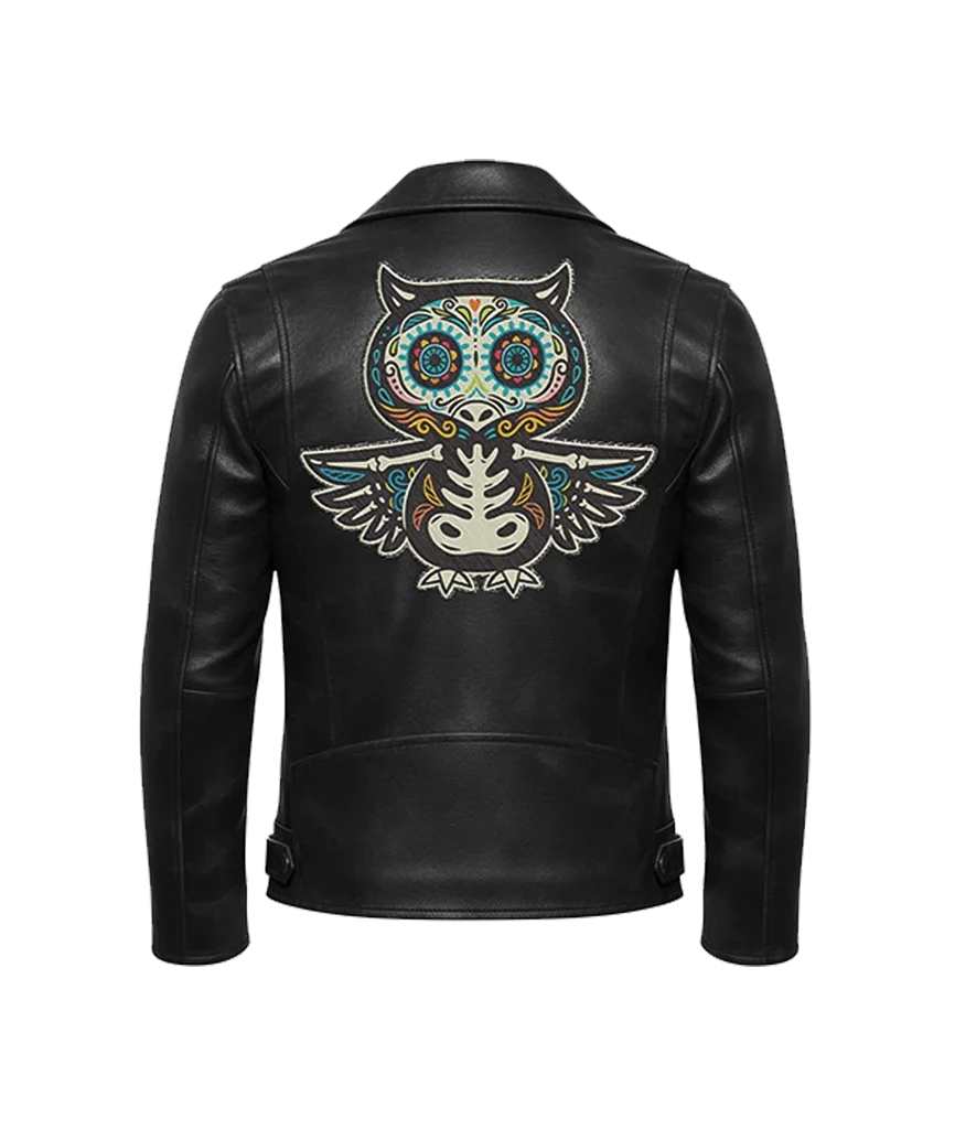 Sugar Skull Owl Embroidered Patch Leather Moto Jacket