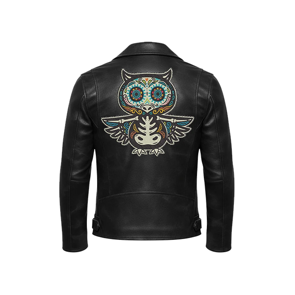 Sugar Skull Owl Embroidered Patch Leather Moto Jacket