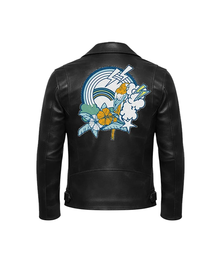 Tropical Parrot & Rainbow Leather Moto Jacket