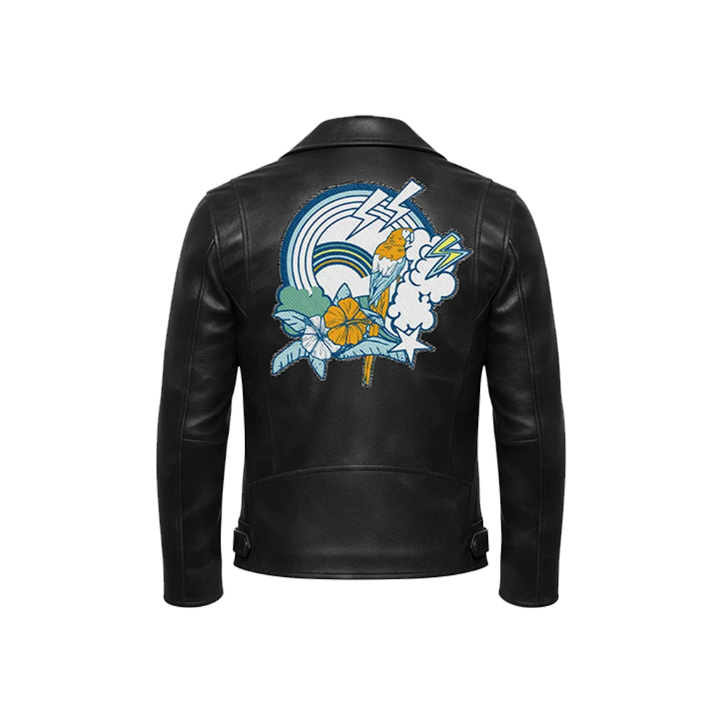Tropical Parrot & Rainbow Leather Moto Jacket
