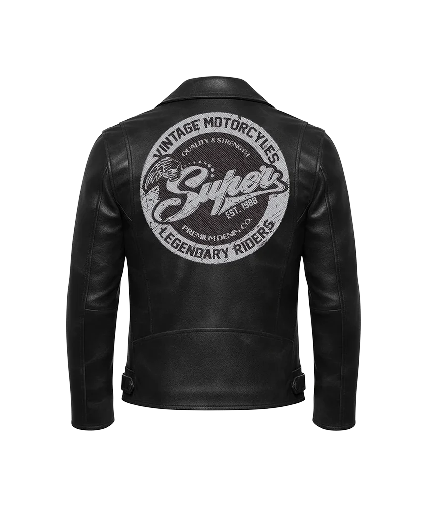 Unisex “Vintage Motorcycles Super” Embroidered Patch Leather Moto Jacket