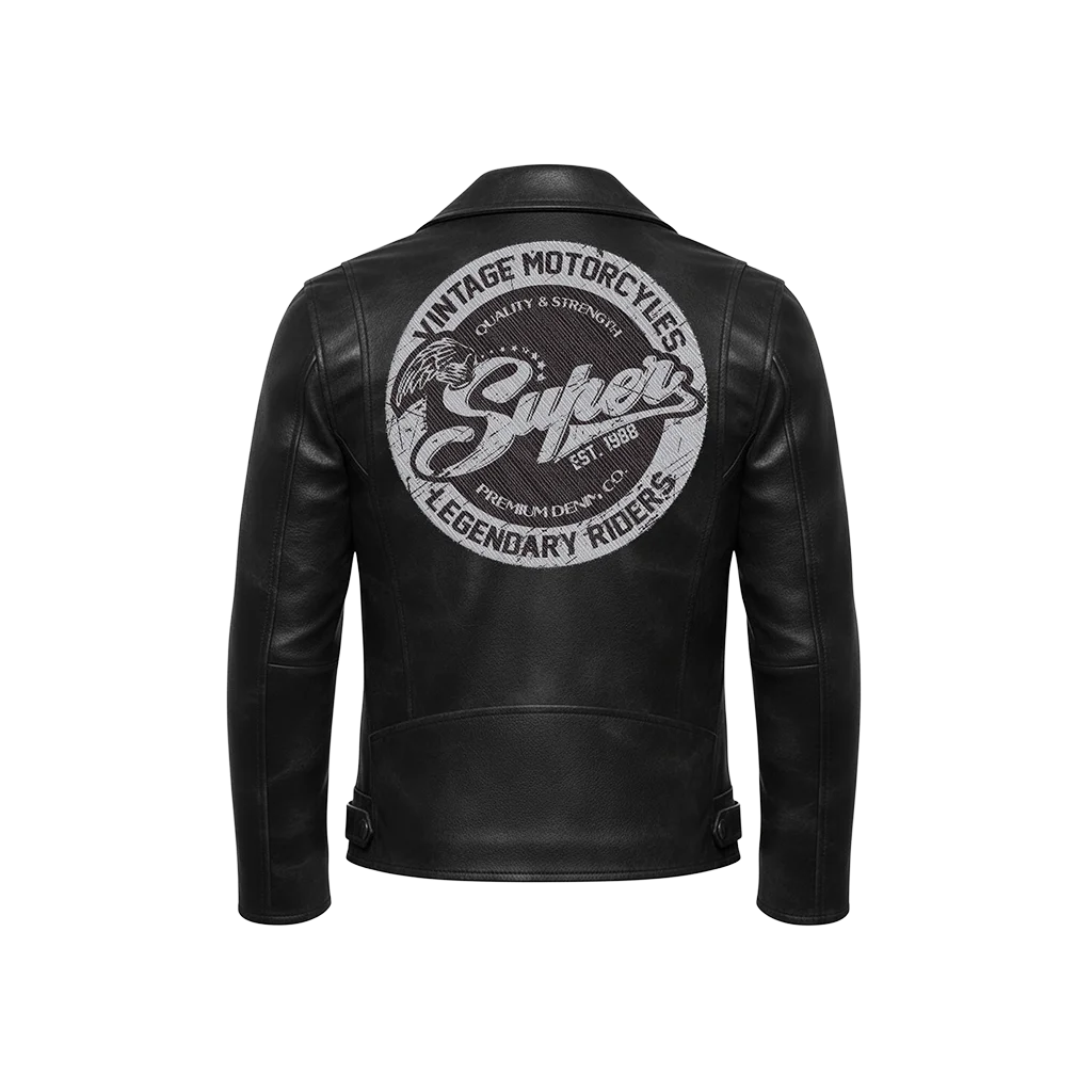 Unisex “Vintage Motorcycles Super” Embroidered Patch Leather Moto Jacket