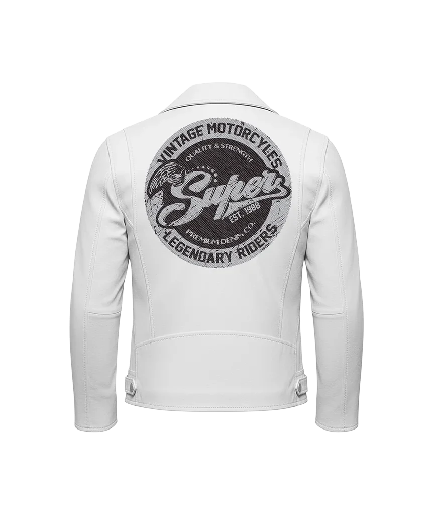 Unisex “Vintage Motorcycles Super” Embroidered Patch Leather Moto Jacket