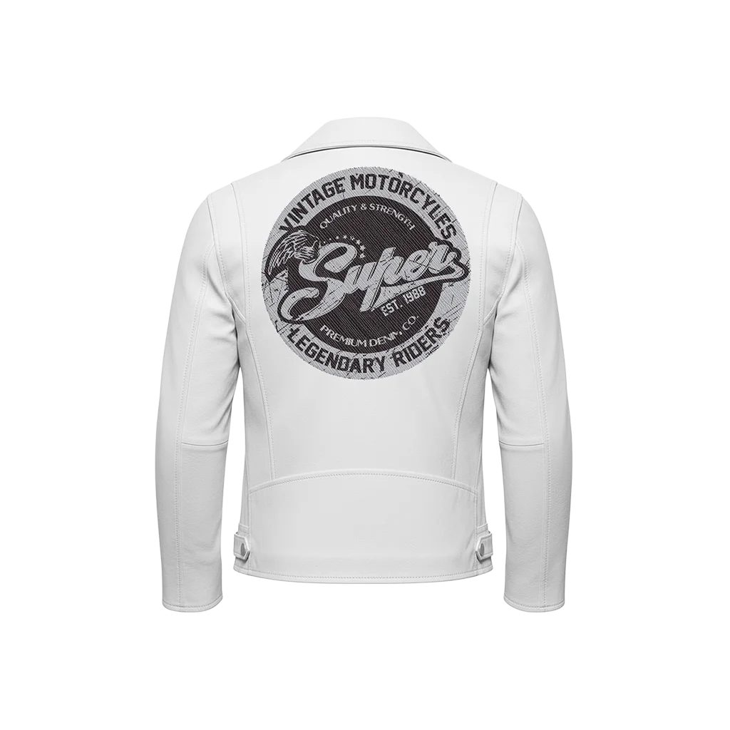 Unisex “Vintage Motorcycles Super” Embroidered Patch Leather Moto Jacket