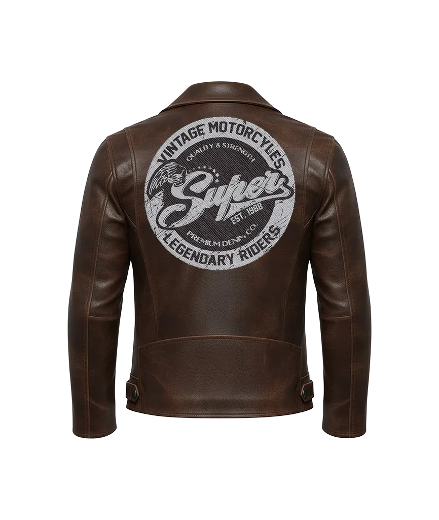 Unisex “Vintage Motorcycles Super” Embroidered Patch Leather Moto Jacket