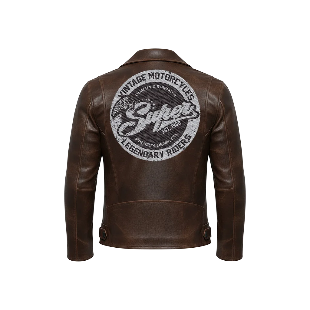 Unisex “Vintage Motorcycles Super” Embroidered Patch Leather Moto Jacket