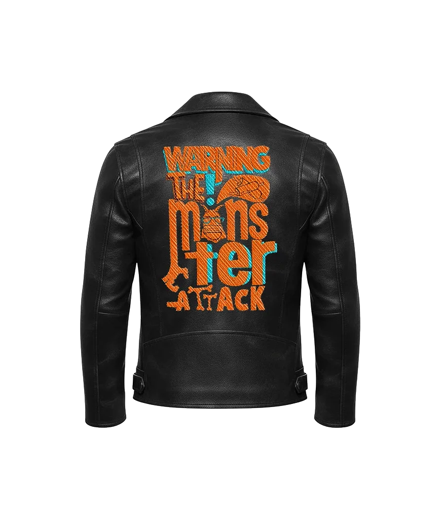 Warning The Monster Attack Typography Leather Jacket