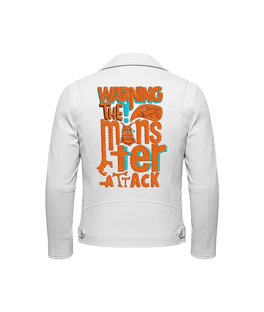 Warning The Monster Attack Typography Leather Jacket