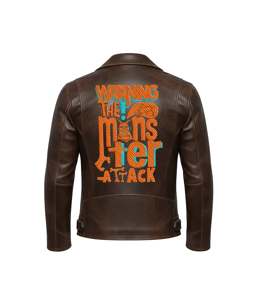 Warning The Monster Attack Typography Leather Jacket