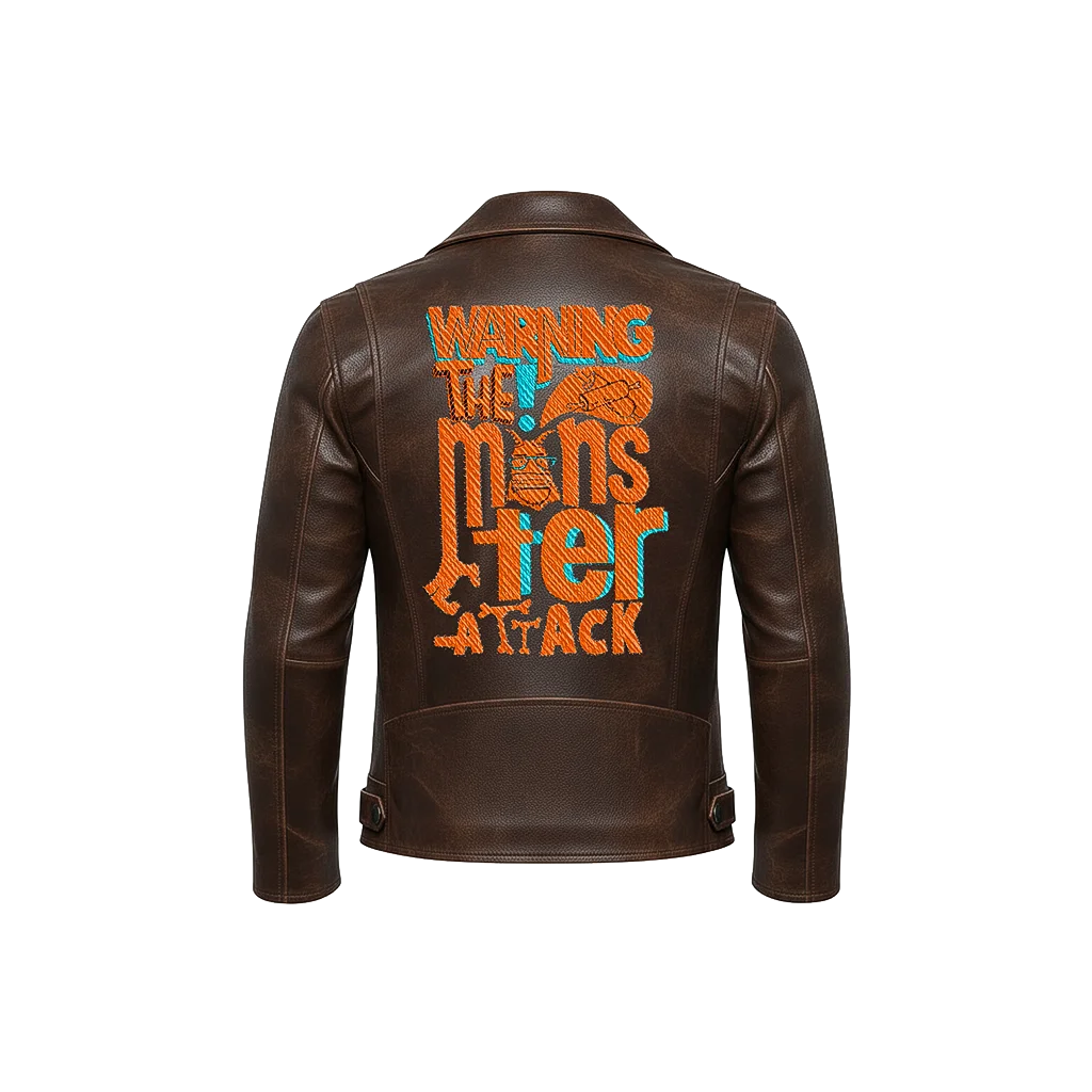 Warning The Monster Attack Typography Leather Jacket