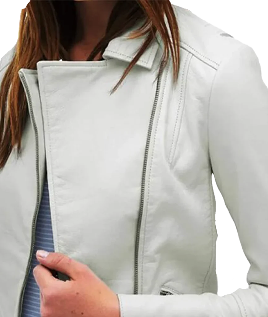 Women’s White Leather Asymmetrical Moto Jacket
