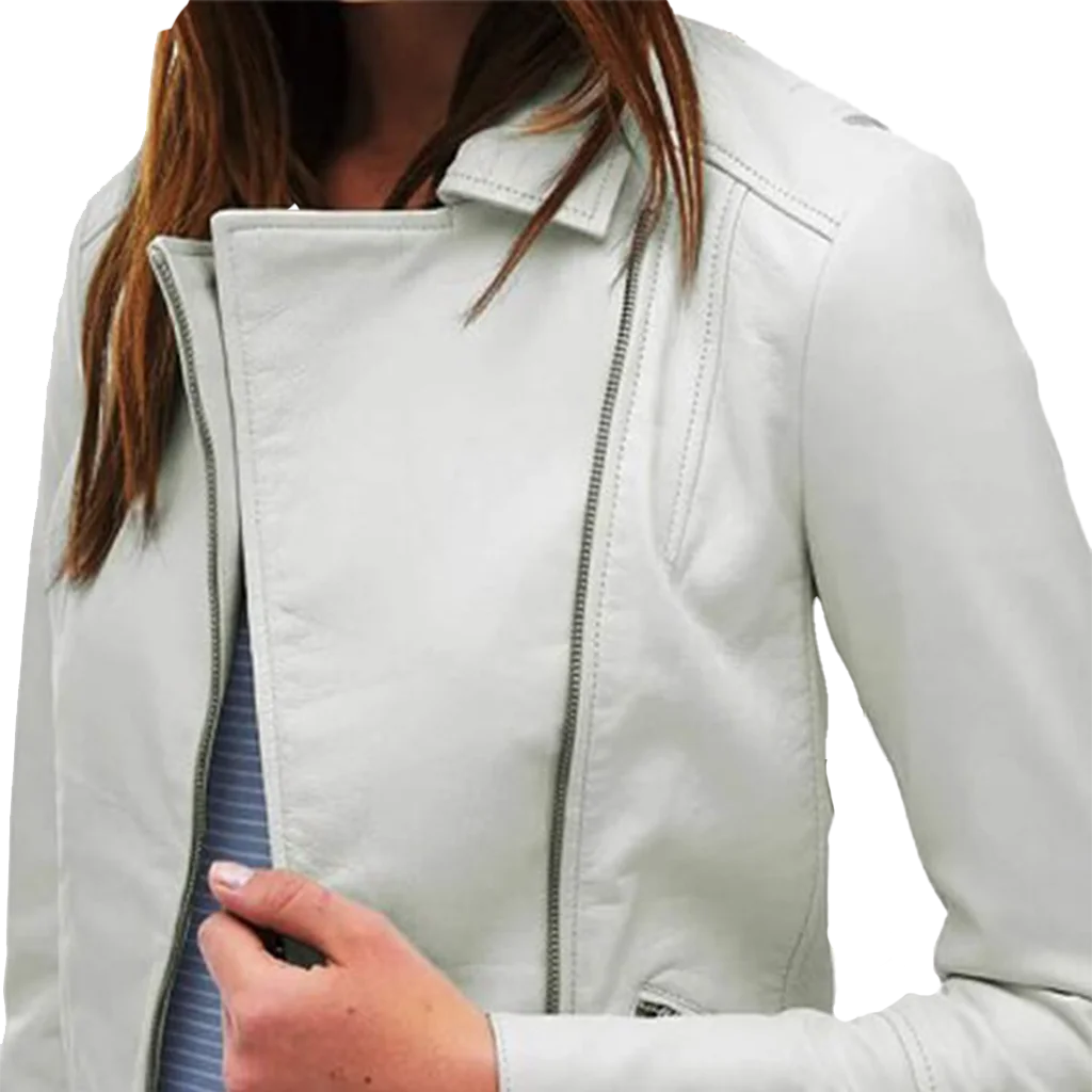 Women’s White Leather Asymmetrical Moto Jacket