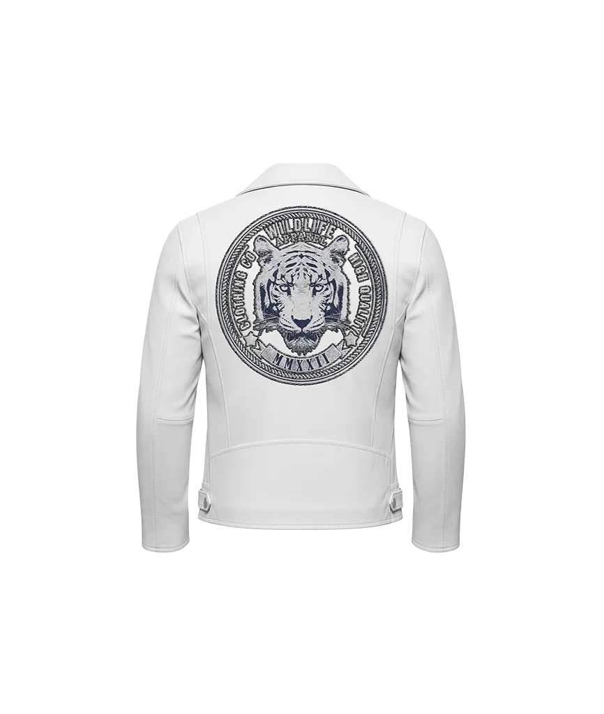 Wildlife Apparel White Tiger Embroidered Leather Jacket