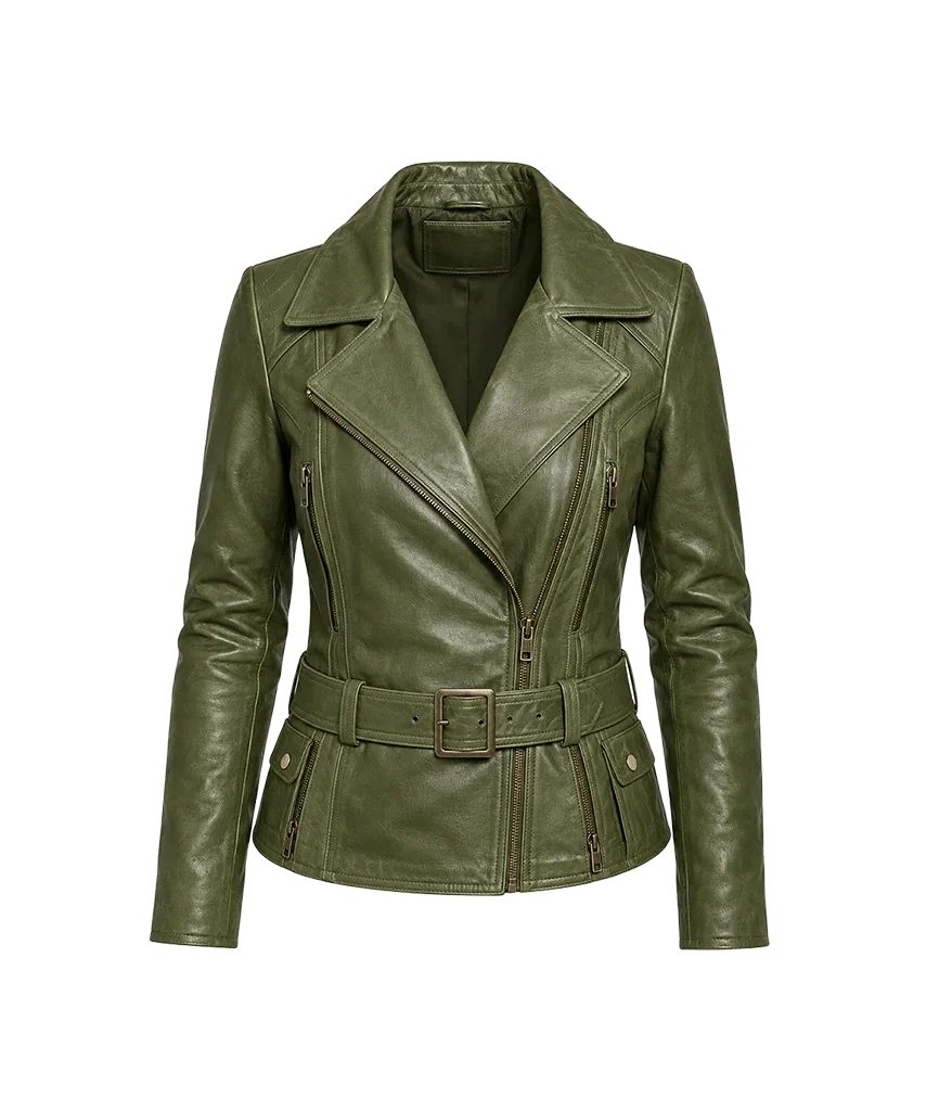 Women’s Belted Asymmetrical Leather Moto Jacket