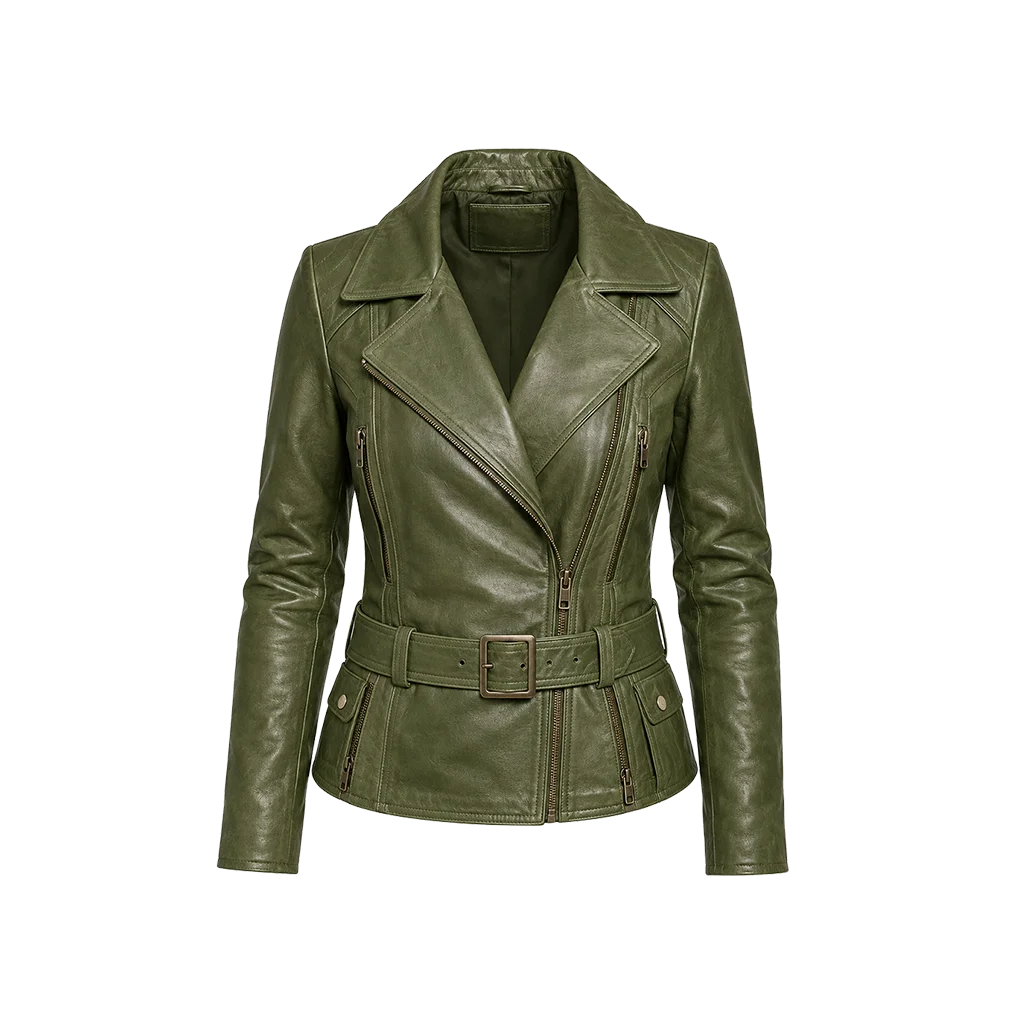 Women’s Belted Asymmetrical Leather Moto Jacket