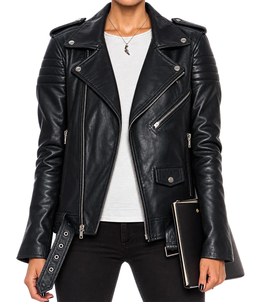 Women’s Classic Black Leather Belted Moto Jacket