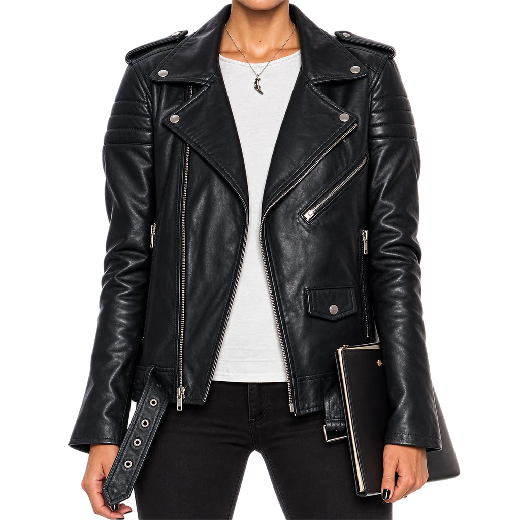 Women’s Classic Black Leather Belted Moto Jacket