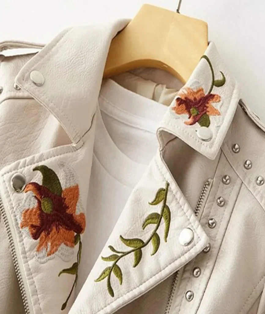 Women’s Floral Embroidered Studded Moto Jacket