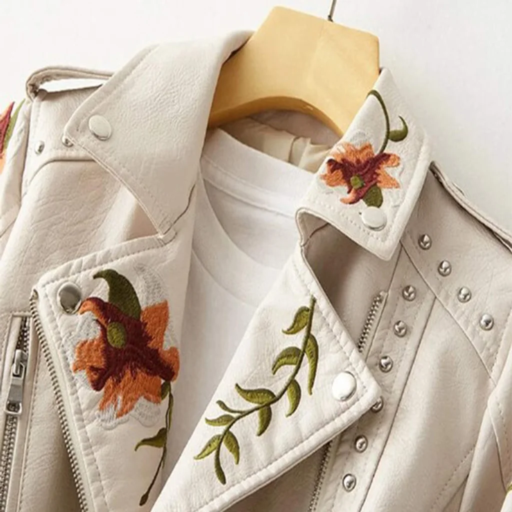 Women’s Floral Embroidered Studded Moto Jacket