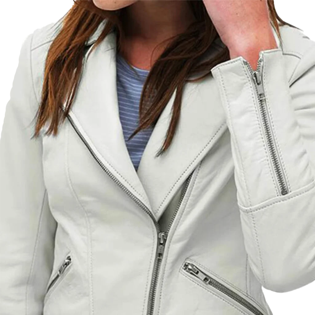 Women’s White Leather Asymmetrical Moto Jacket