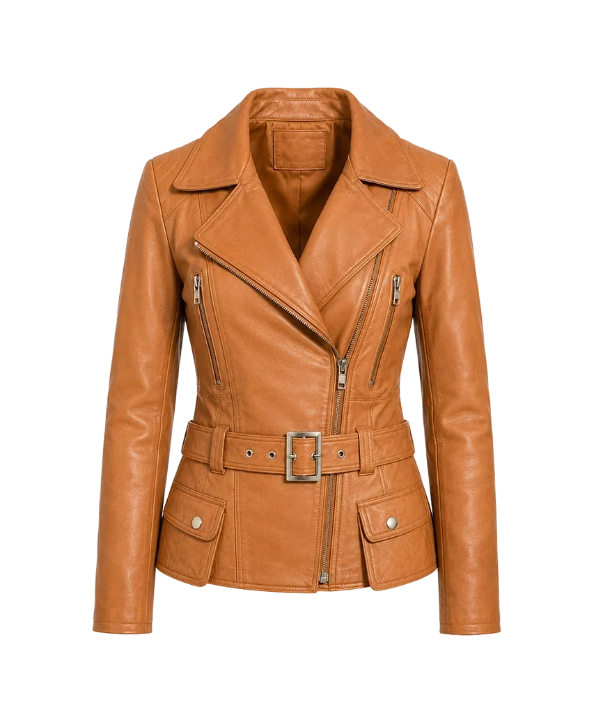 Women’s Belted Asymmetrical Leather Moto Jacket
