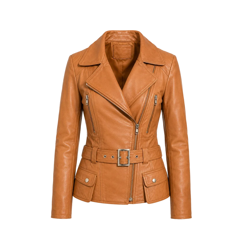 Women’s Belted Asymmetrical Leather Moto Jacket