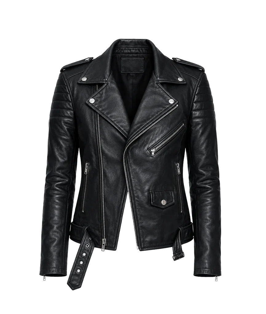 Women’s Classic Black Leather Belted Moto Jacket