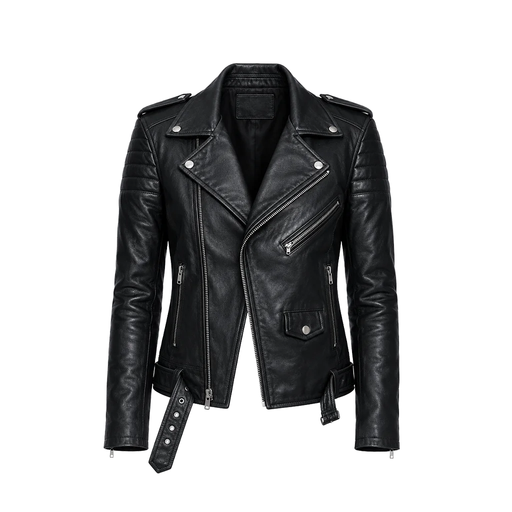 Women’s Classic Black Leather Belted Moto Jacket