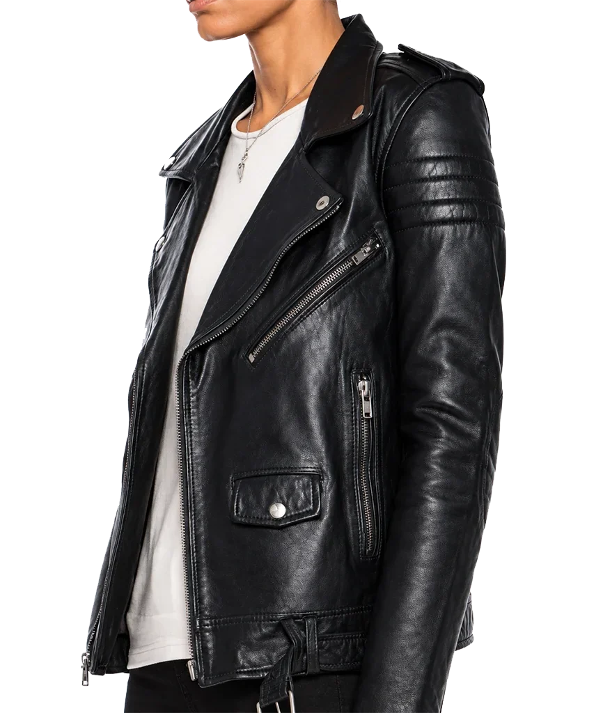 Women’s Classic Black Leather Belted Moto Jacket