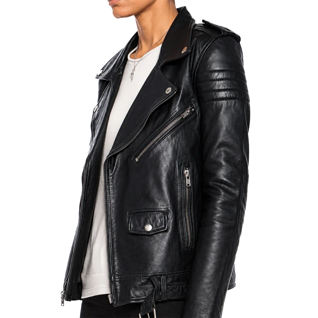 Women’s Classic Black Leather Belted Moto Jacket
