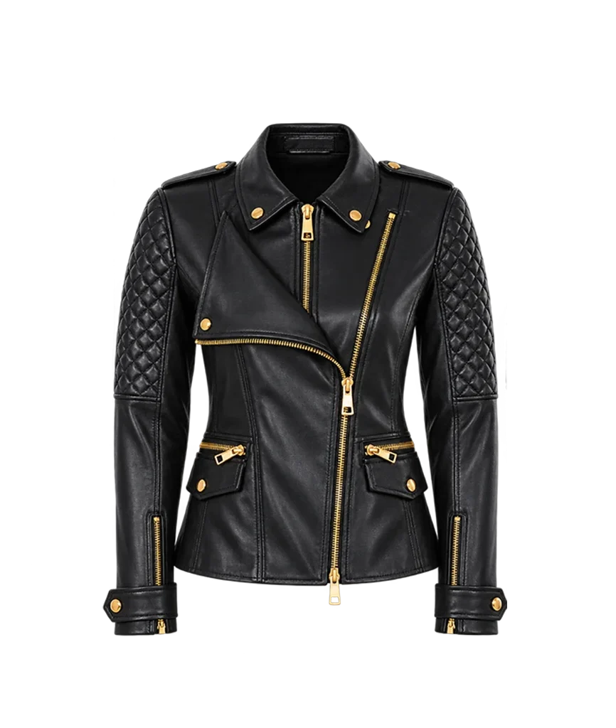 Women’s Black Quilted Sleeve Leather Moto Jacket