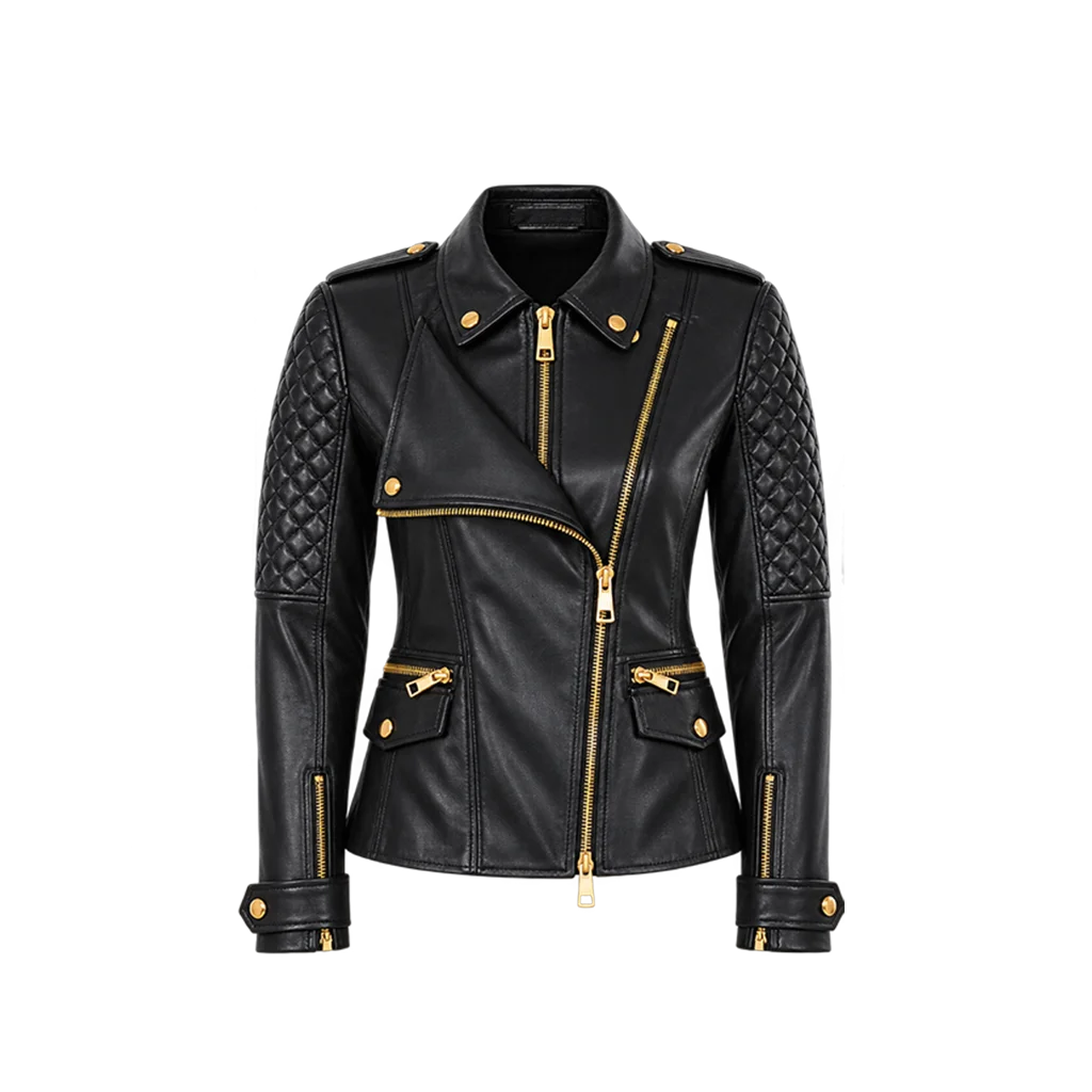 Women’s Black Quilted Sleeve Leather Moto Jacket
