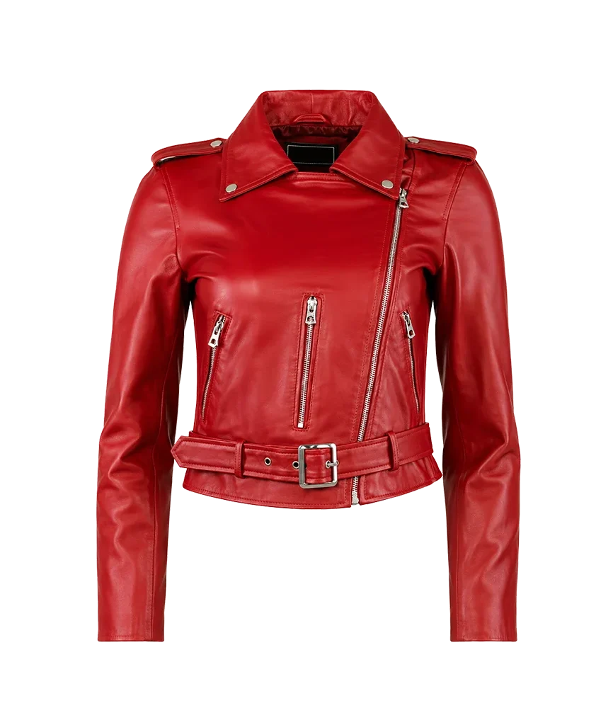 Women’s Bright Red Belted Moto Jacket