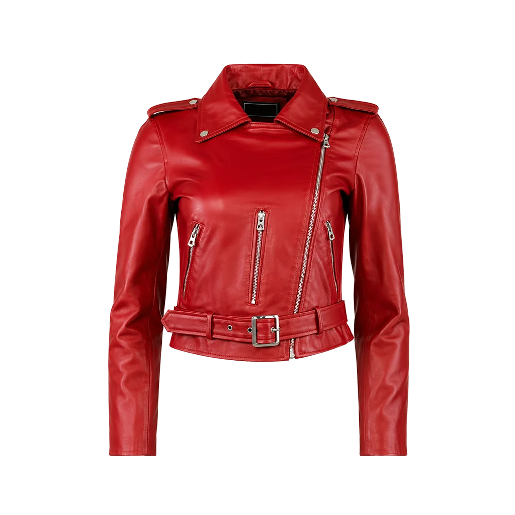 Women’s Bright Red Belted Moto Jacket