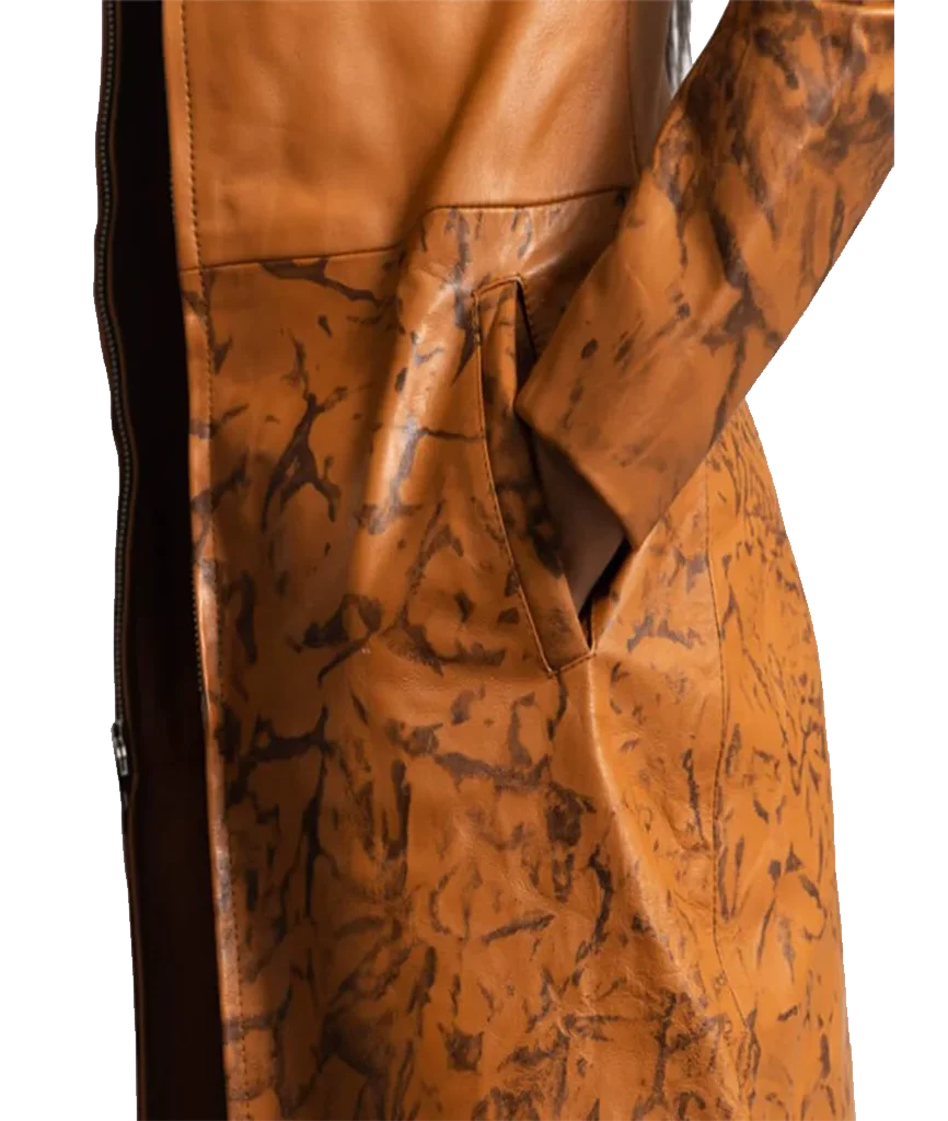 Women’s Camel and Marbled Brown Collarless Leather Coat